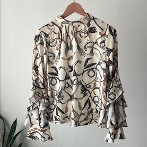 IVIVI Patterned Cream Blouse with Ruffle Sleeves S